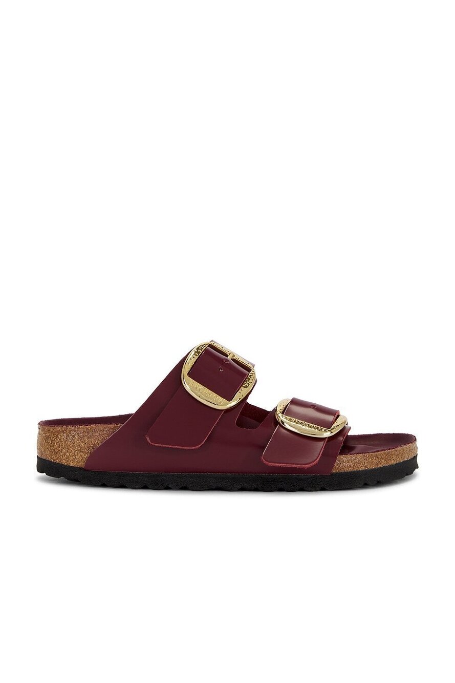 New BIRKENSTOCK Arizona Hammered Big Buckle Sandal in High Shine Zinfandel Leath